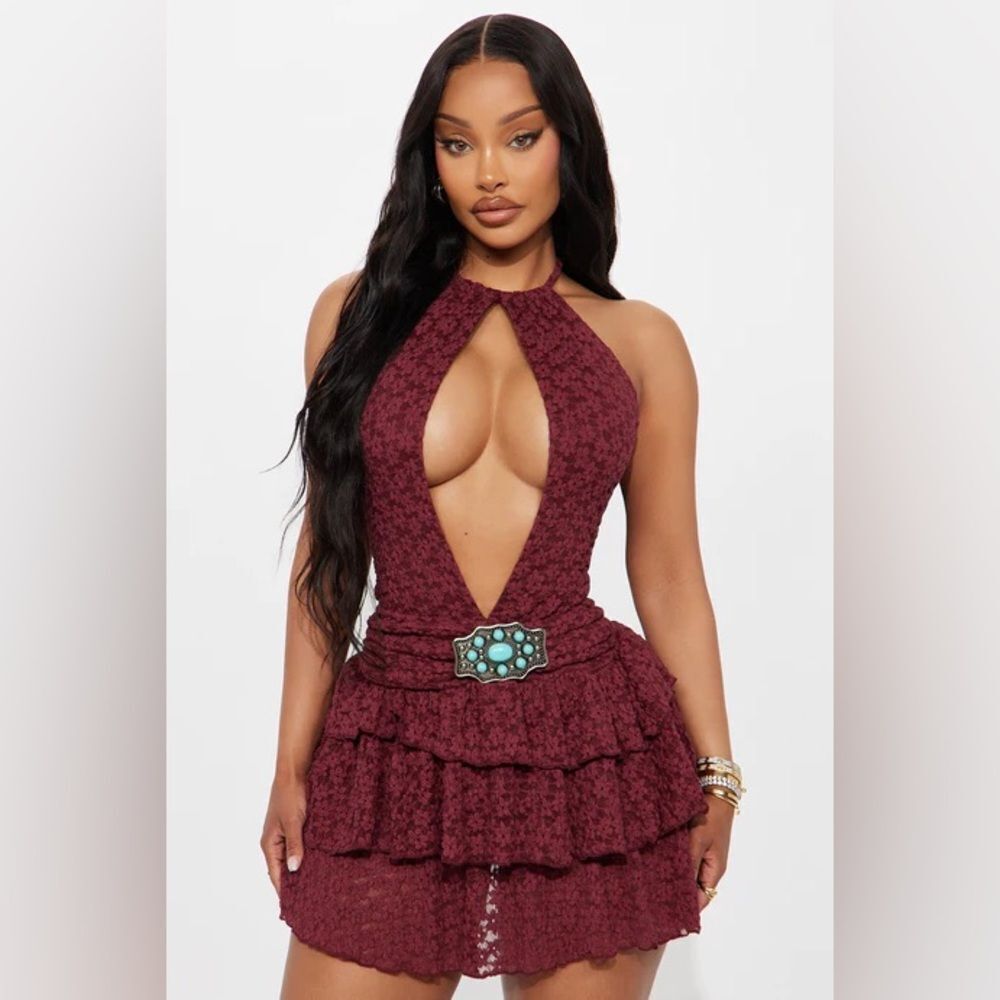 Leora Lace Buckle Halter Mini Dress - Wine